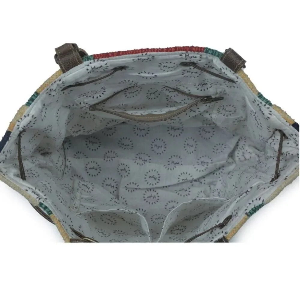 Myra Bag Handmade Radiant Bucket Bag Upcycled Canvas & Cowhide Leather